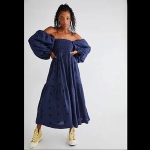 Free People Dahlia Embroidered Midi Gown Indigo Blue Size S NWT